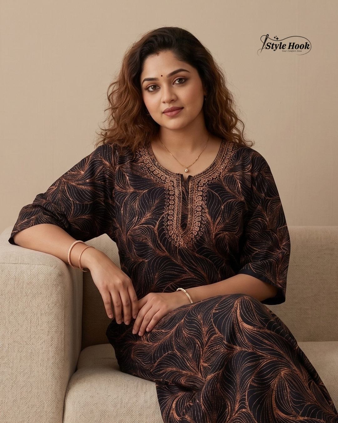 Sea Blue floral design with Embroidery neck style nighty
