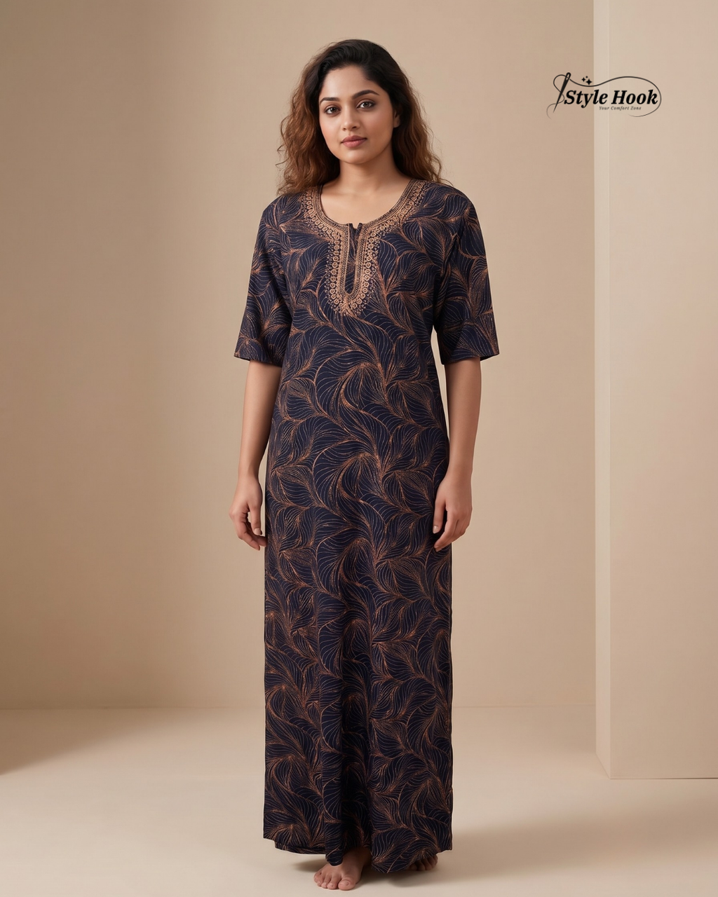 Sea Blue floral design with Embroidery neck style nighty