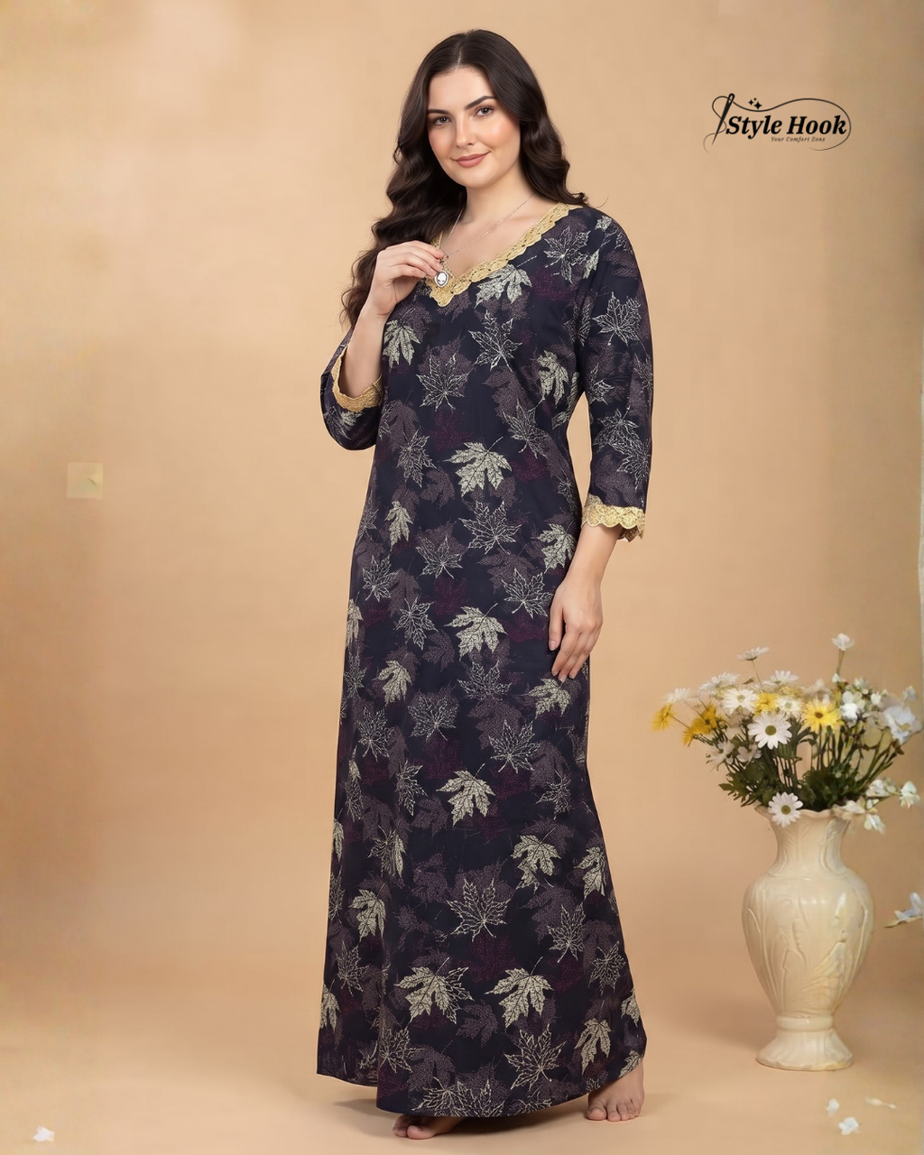 Onam Floral Cotton Lace Nighty – Grace Collection