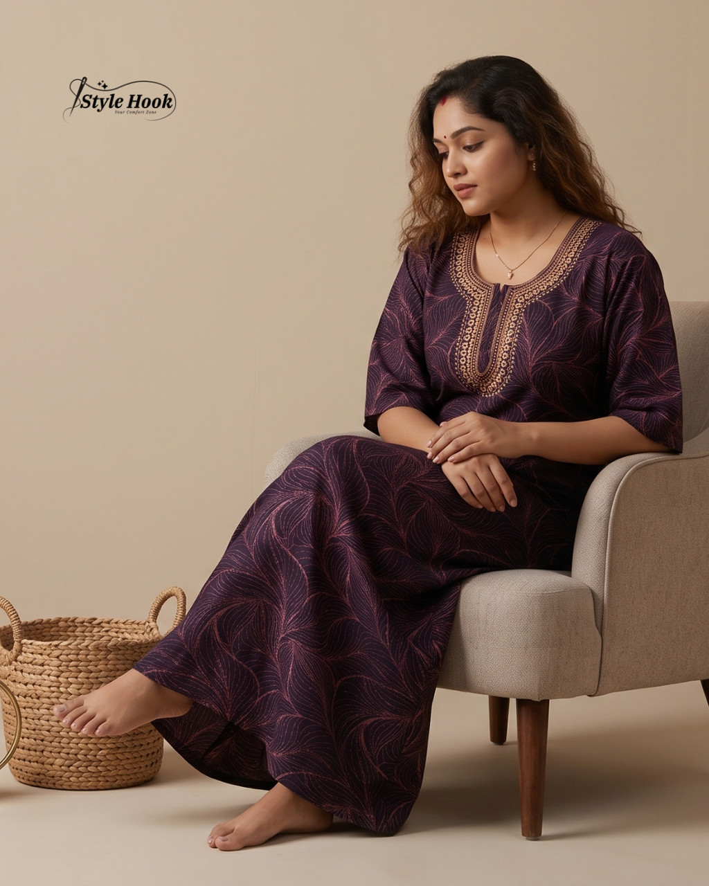 Sea Blue floral design with Embroidery neck style nighty
