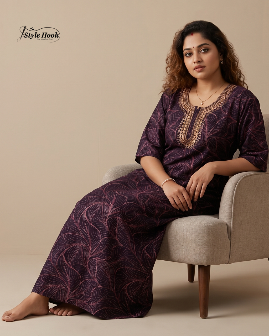 Sea Blue floral design with Embroidery neck style nighty
