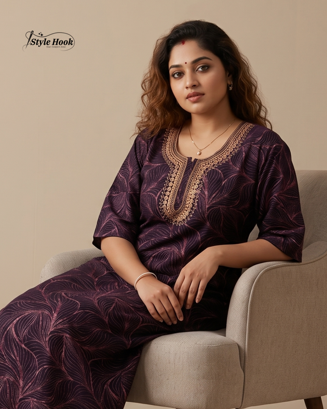 Sea Blue floral design with Embroidery neck style nighty