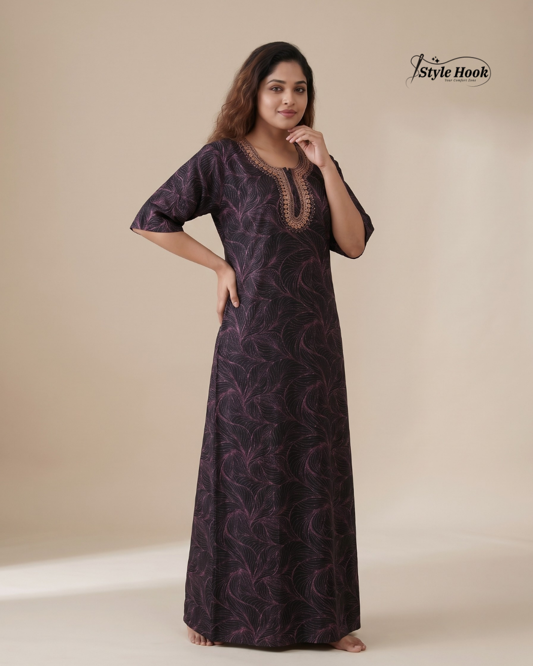 Sea Blue floral design with Embroidery neck style nighty