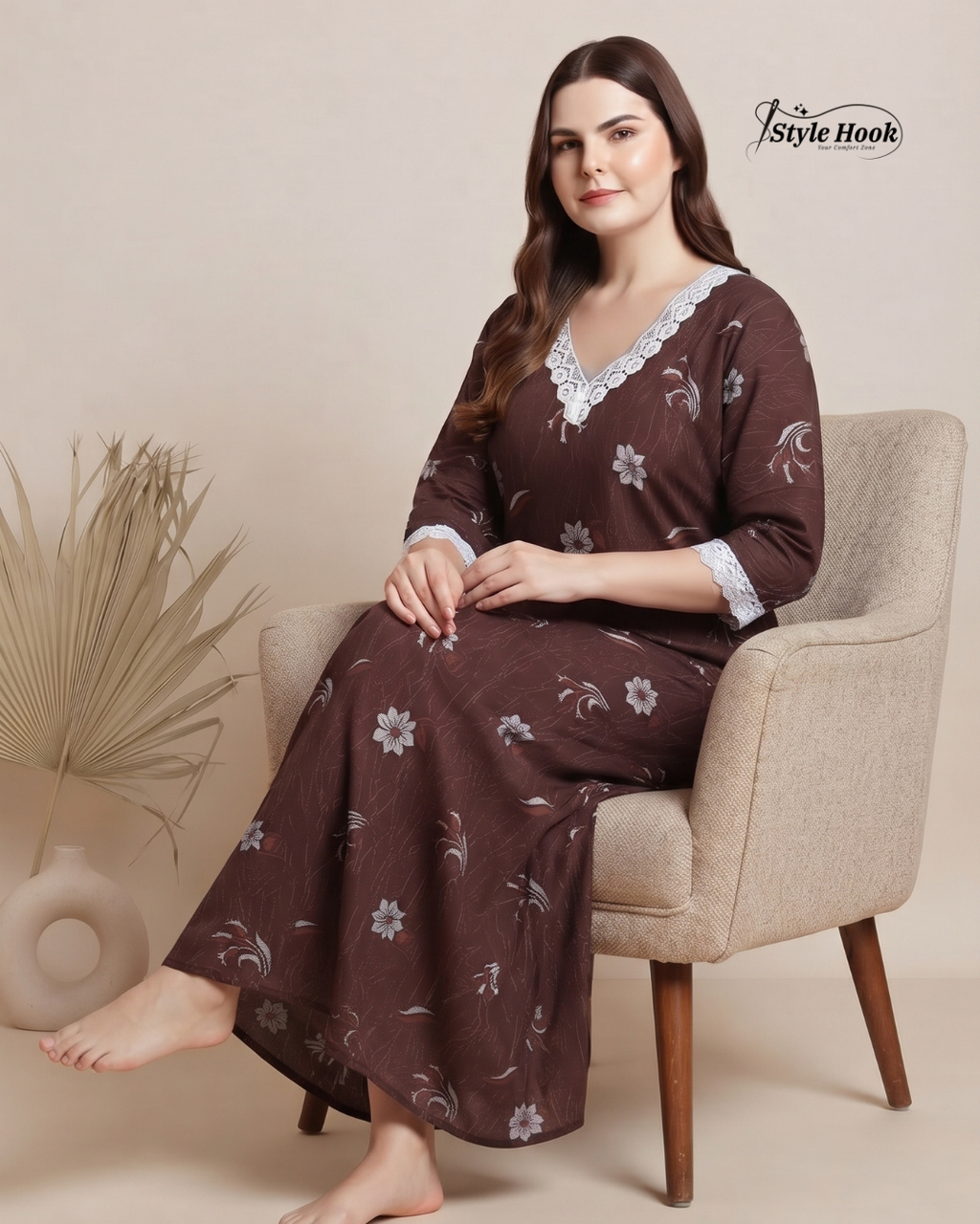 Lace Sleeve Cotton Nighty for Women