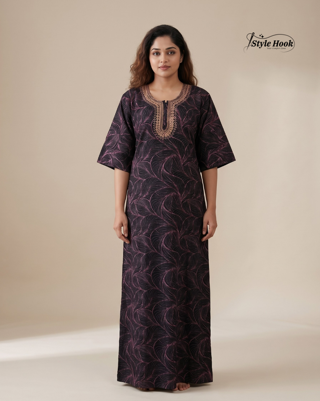 Sea Blue floral design with Embroidery neck style nighty