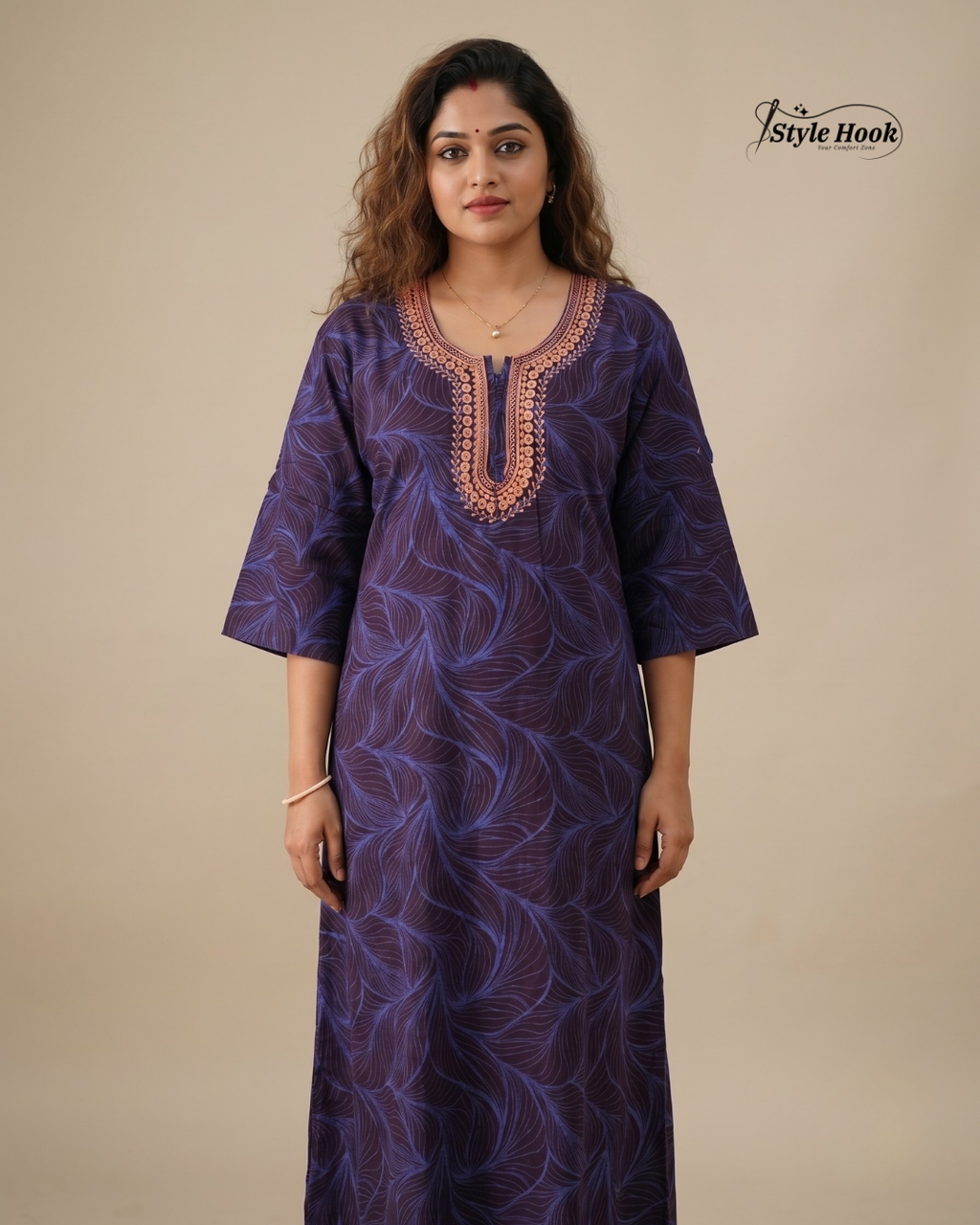 Sea Blue floral design with Embroidery neck style nighty