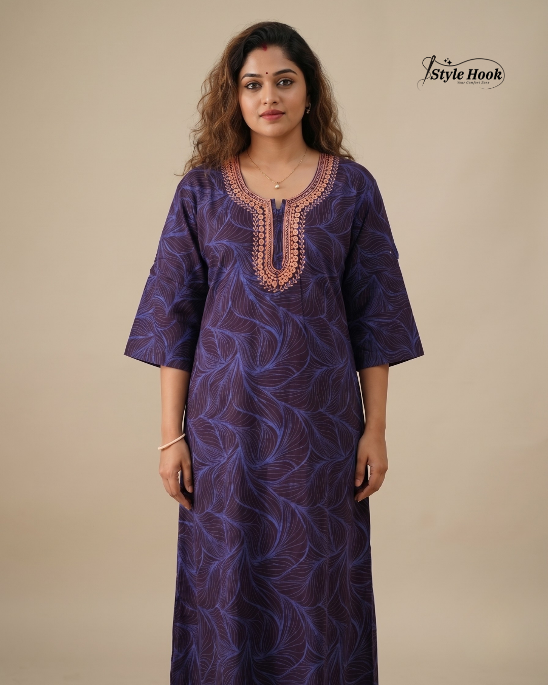 Sea Blue floral design with Embroidery neck style nighty