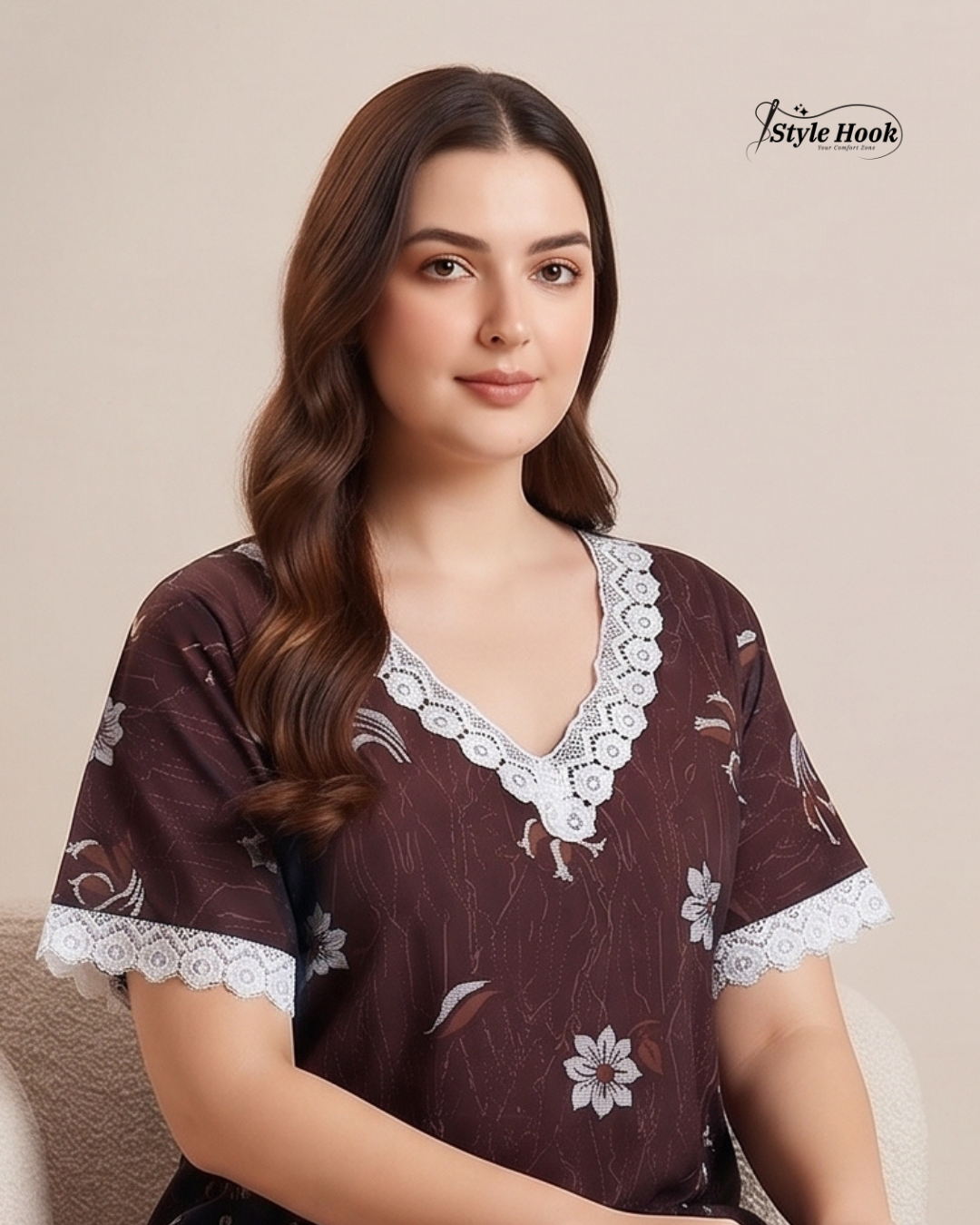 Lace Sleeve Cotton Nighty for Women