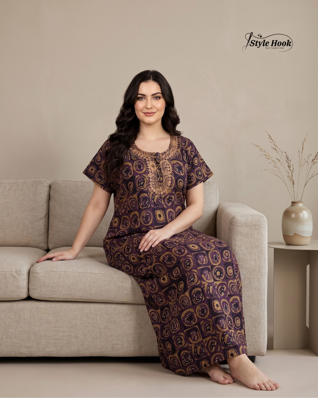 Tribal Circular Print with Embroidery cotton nighty for women in 5 Different Colors