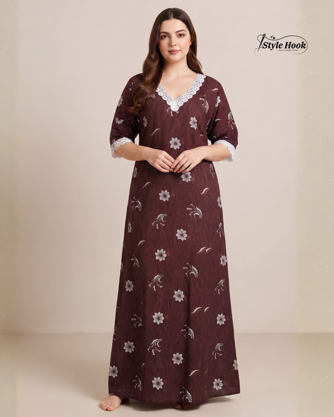 Lace Sleeve Cotton Nighty for Women