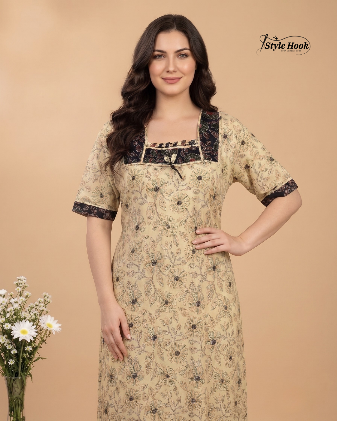 Premium Onam Wear Cotton Nighty with Beautiful Kerala Neck Design