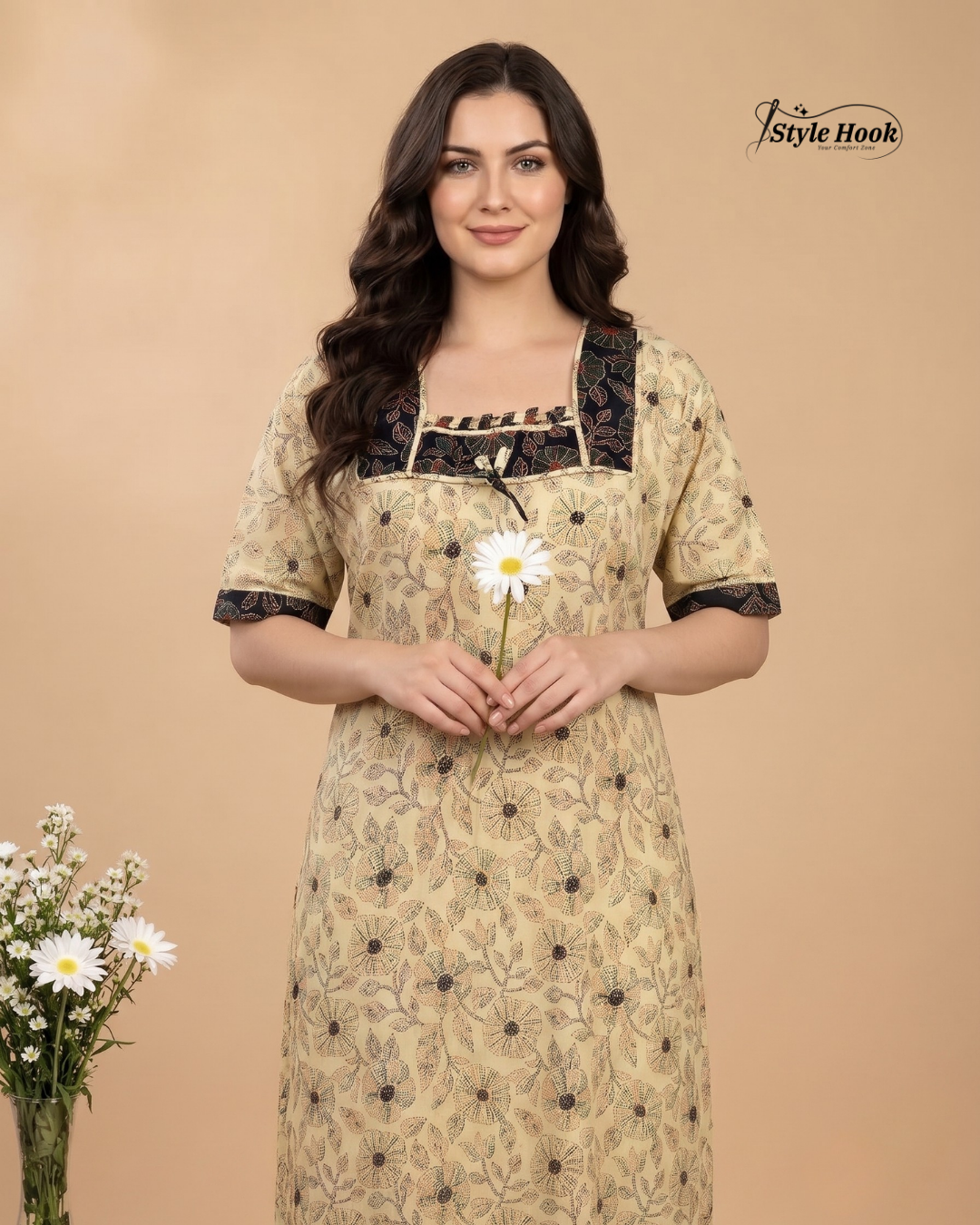 Premium Onam Wear Cotton Nighty with Beautiful Kerala Neck Design