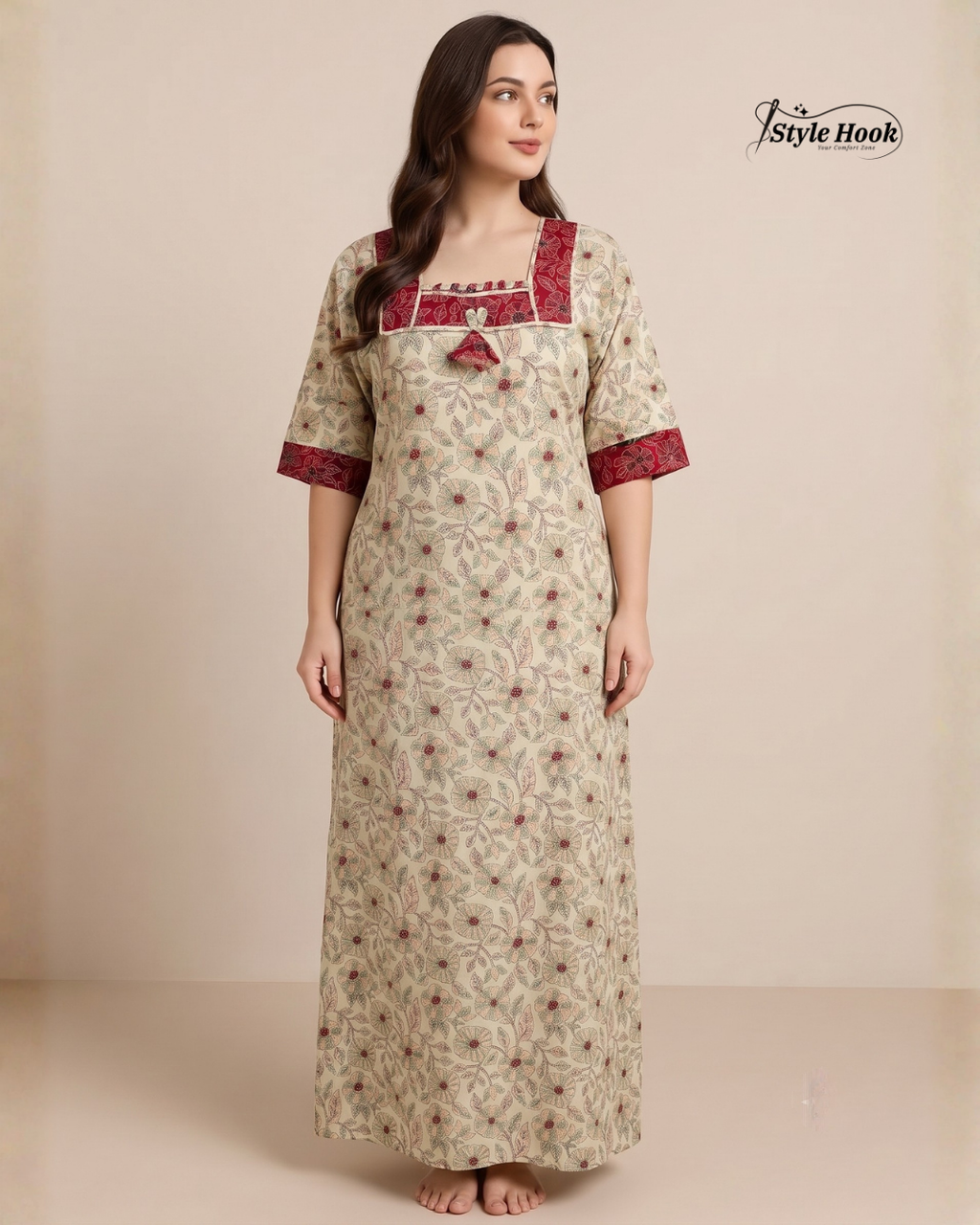 Premium Onam Wear Cotton Nighty with Beautiful Kerala Neck Design
