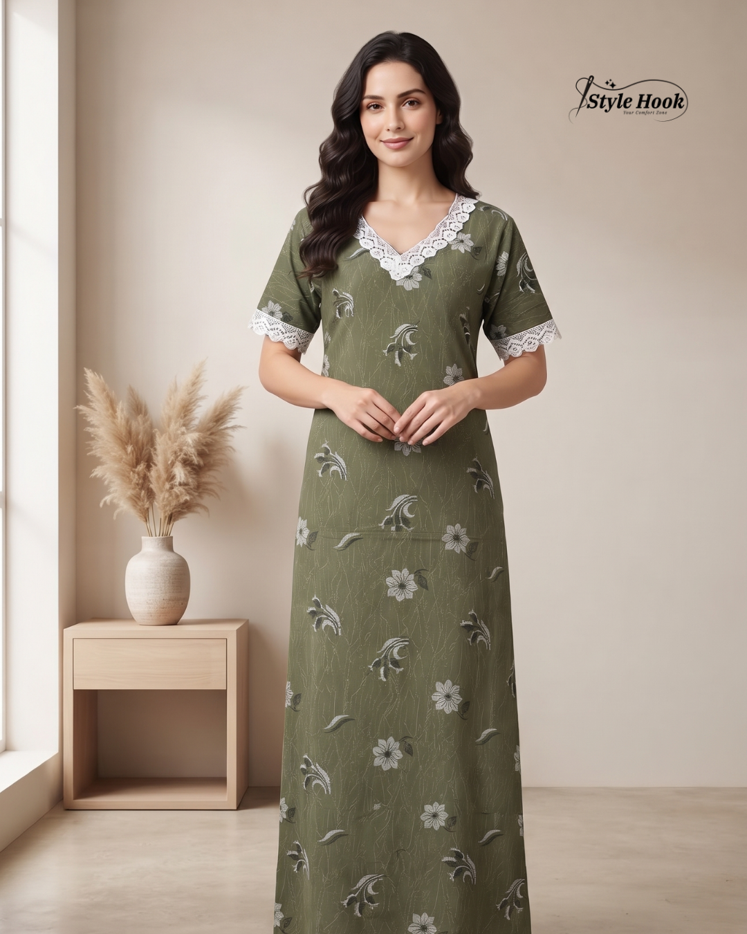Kerala Cotton Lace Nighty with Delicate Lace Border
