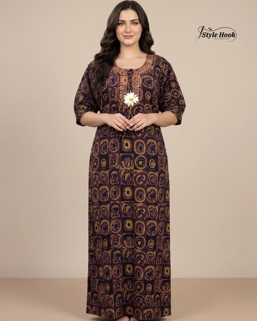 Tribal Circular Print with Embroidery cotton nighty for women in 5 Different Colors