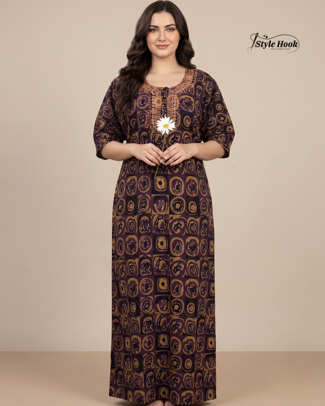 Tribal Circular Print with Embroidery cotton nighty for women in 5 Different Colors