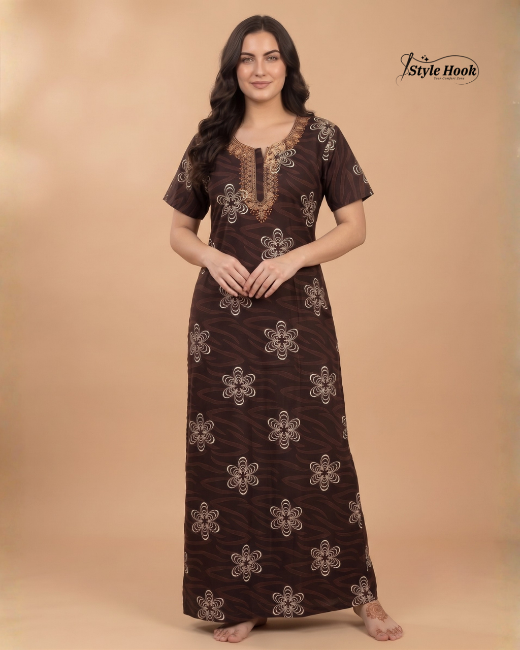 Feeding Friendly Cotton Embroidery Nighty with Zip
