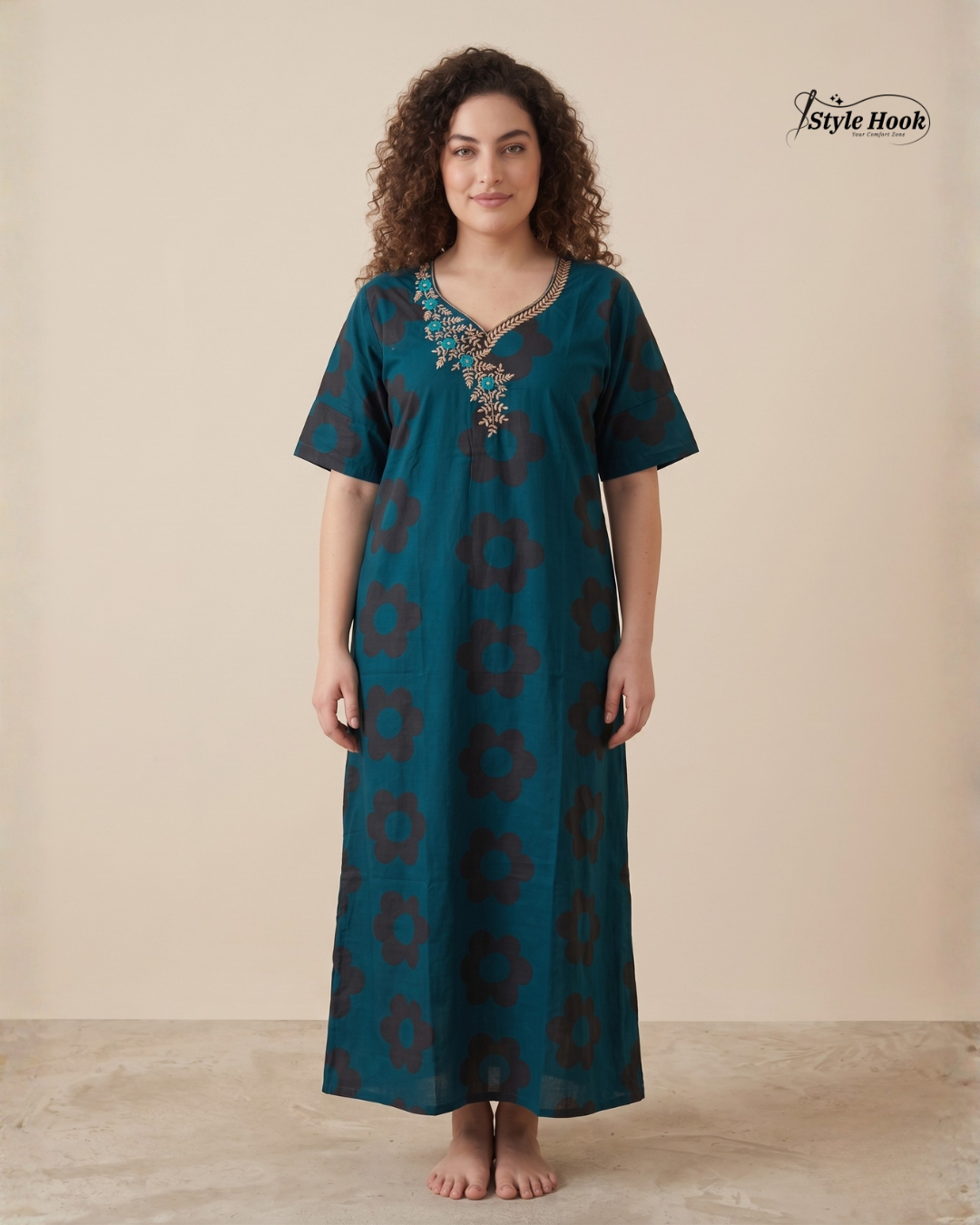 Style Hook Cotton Maxi Nighty – Comfortable Embroidery Neck Home Wear
