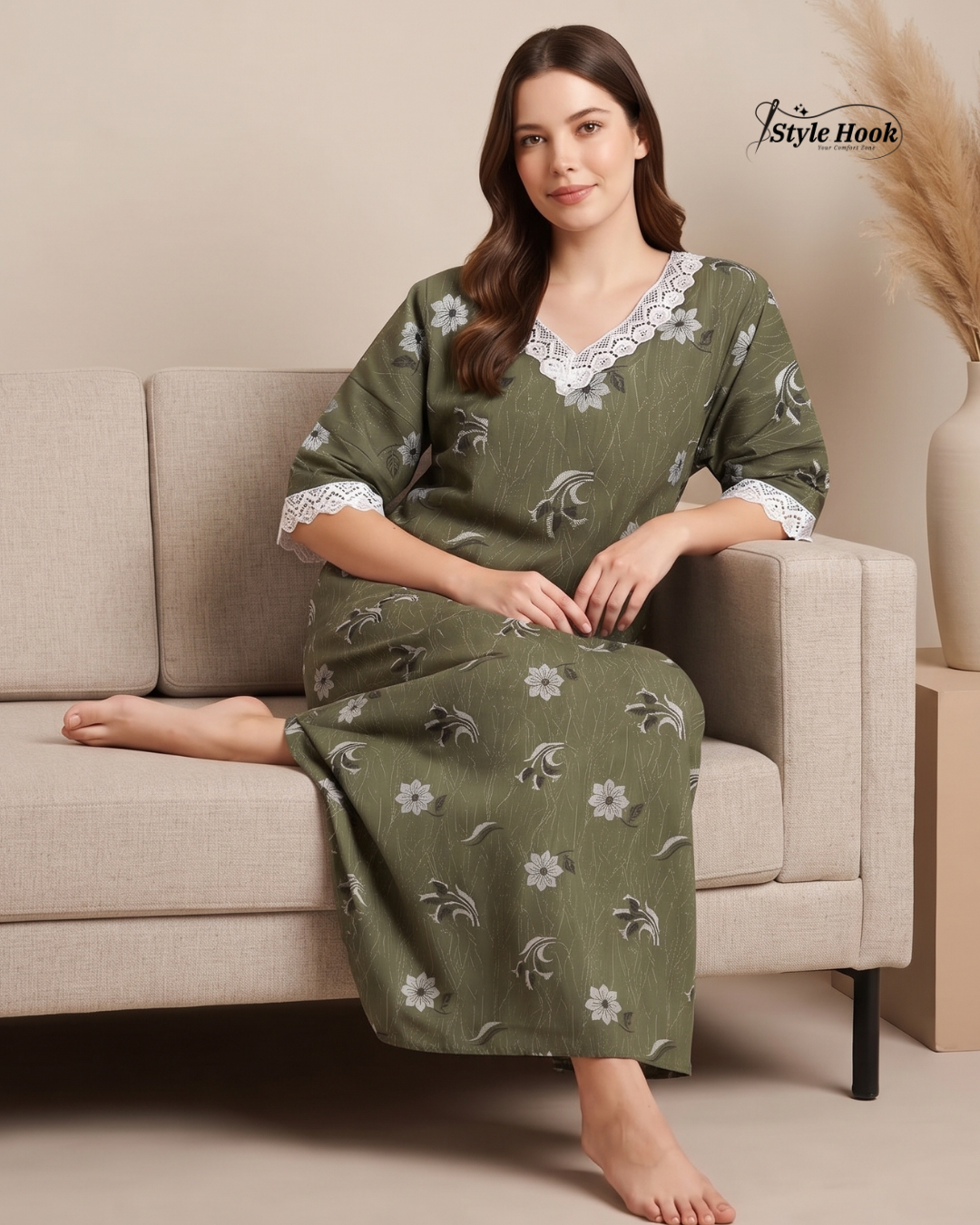 Kerala Cotton Lace Nighty with Delicate Lace Border