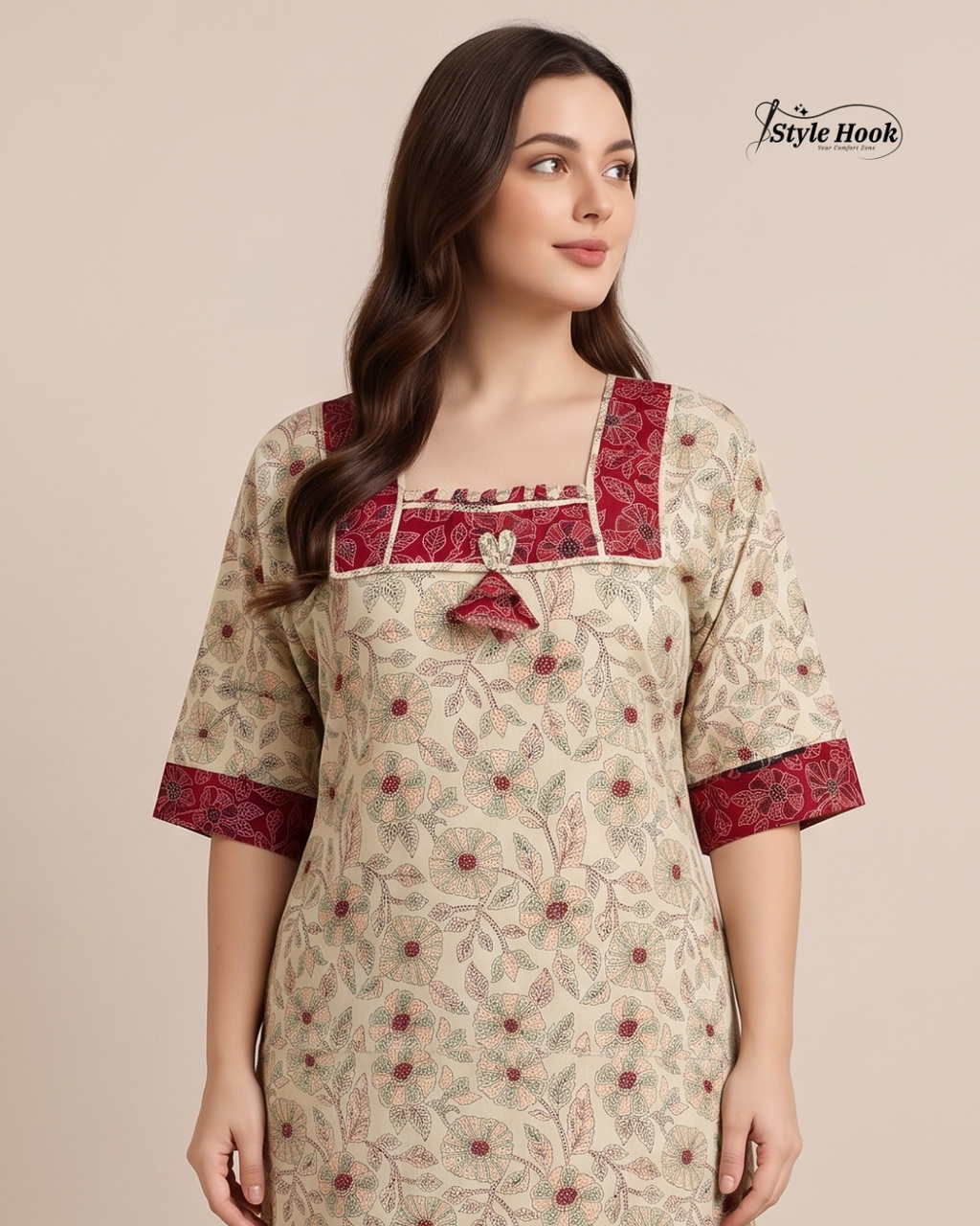 Premium Onam Wear Cotton Nighty with Beautiful Kerala Neck Design