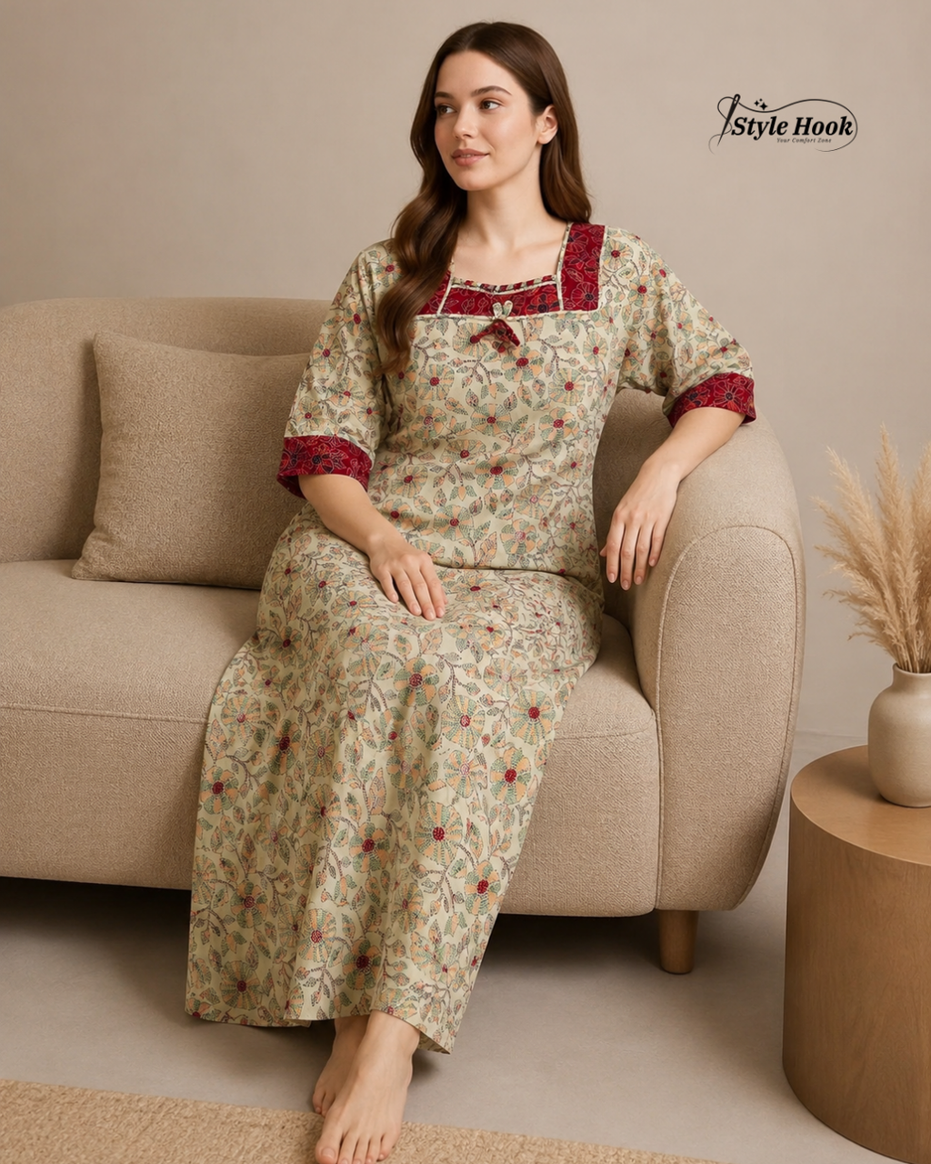 Premium Onam Wear Cotton Nighty with Beautiful Kerala Neck Design