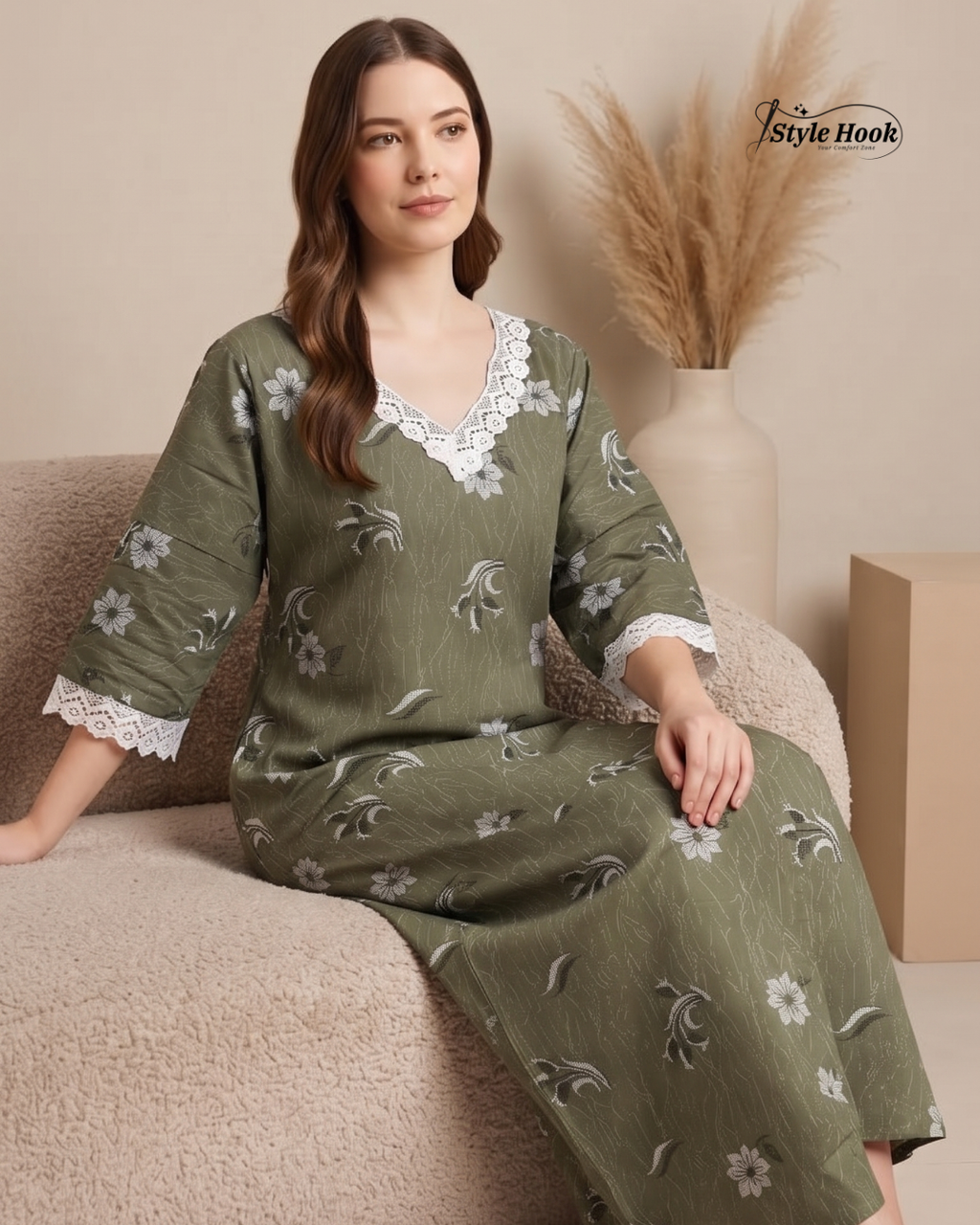 Kerala Cotton Lace Nighty with Delicate Lace Border