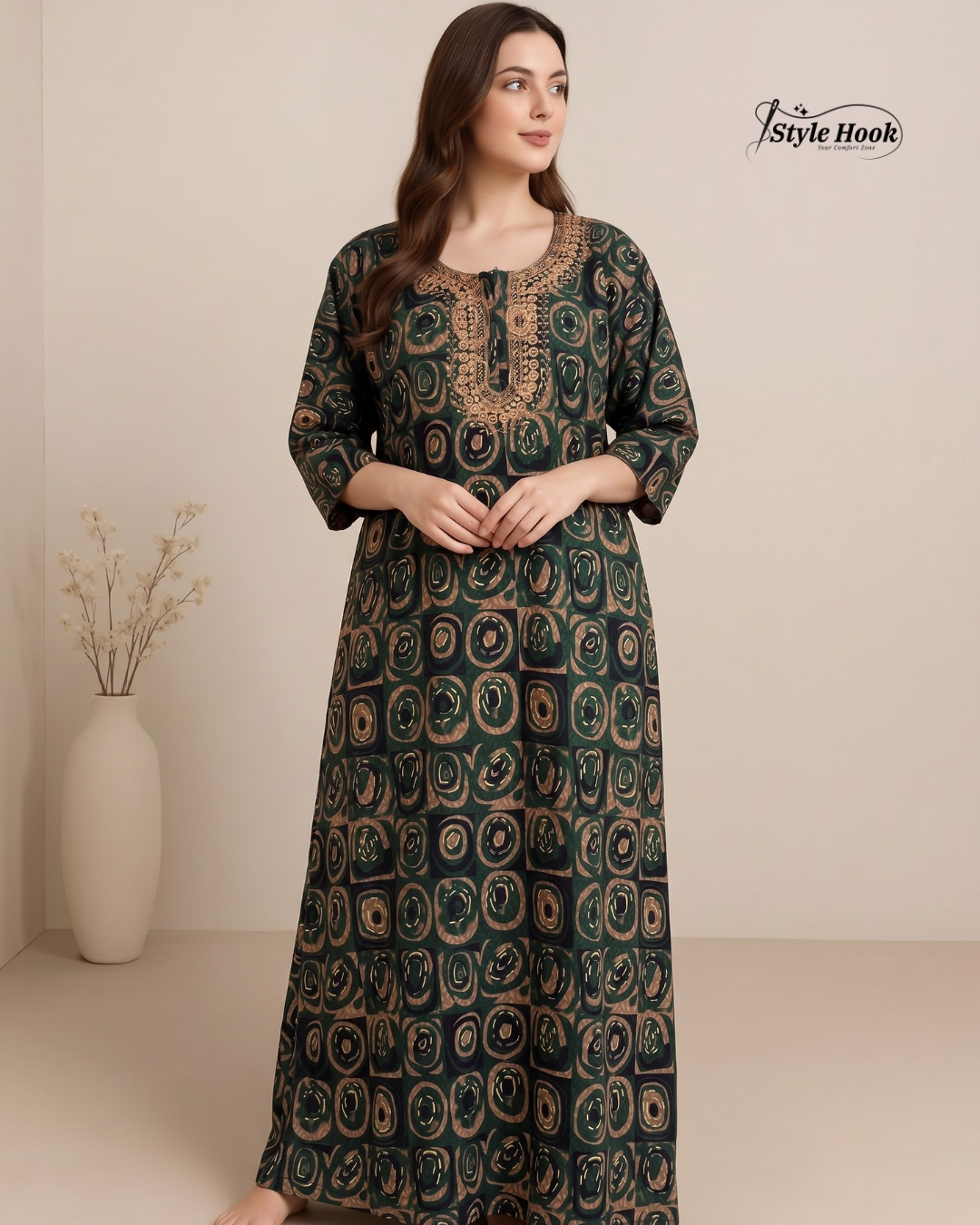 Tribal Circular Print with Embroidery cotton nighty for women in 5 Different Colors