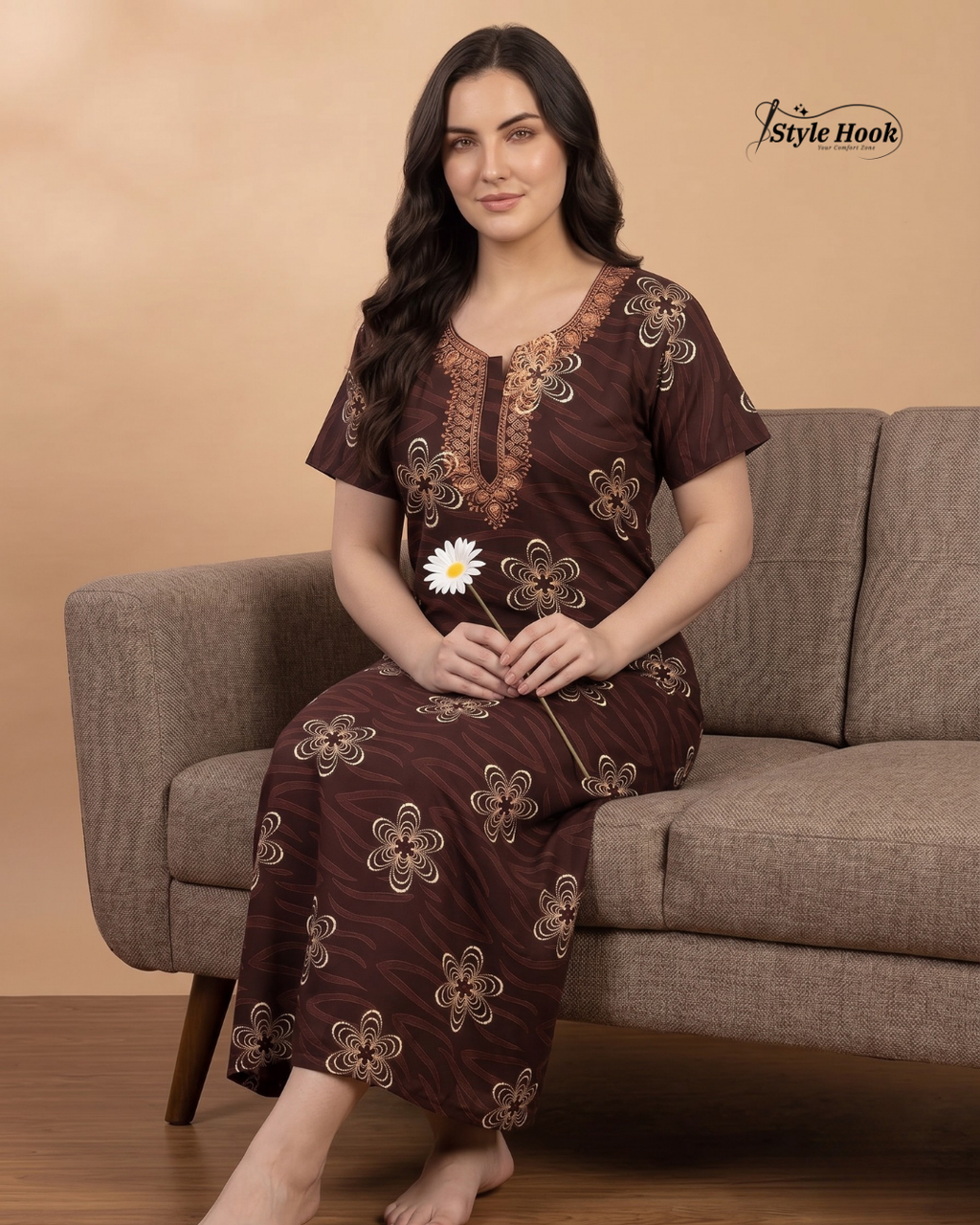 Feeding Friendly Cotton Embroidery Nighty with Zip