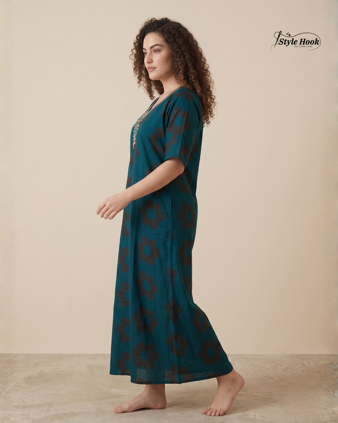 Style Hook Cotton Maxi Nighty – Comfortable Embroidery Neck Home Wear