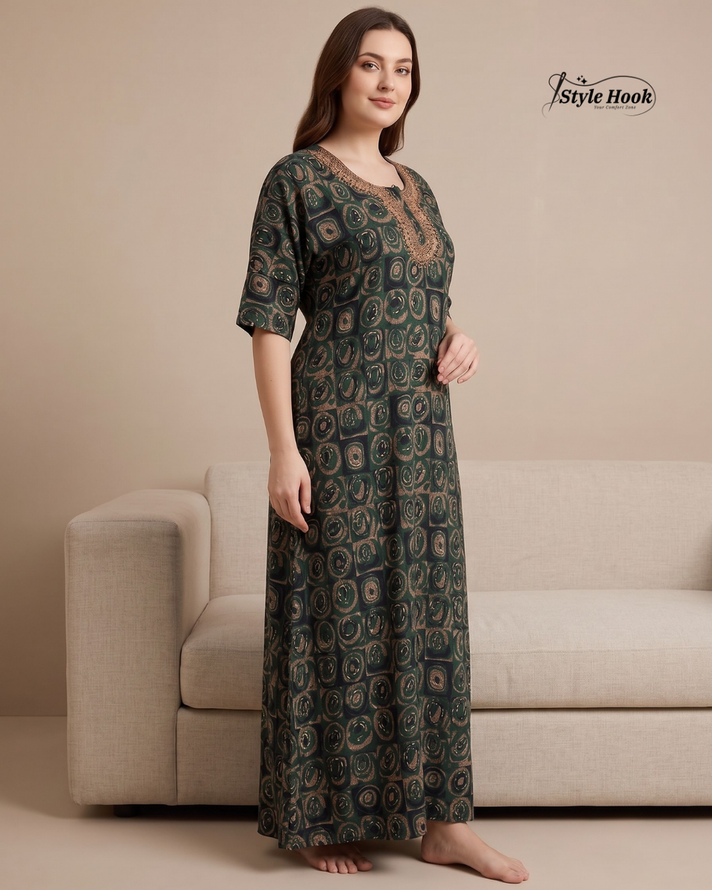 Tribal Circular Print with Embroidery cotton nighty for women in 5 Different Colors