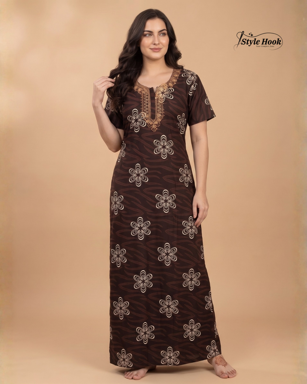 Feeding Friendly Cotton Embroidery Nighty with Zip