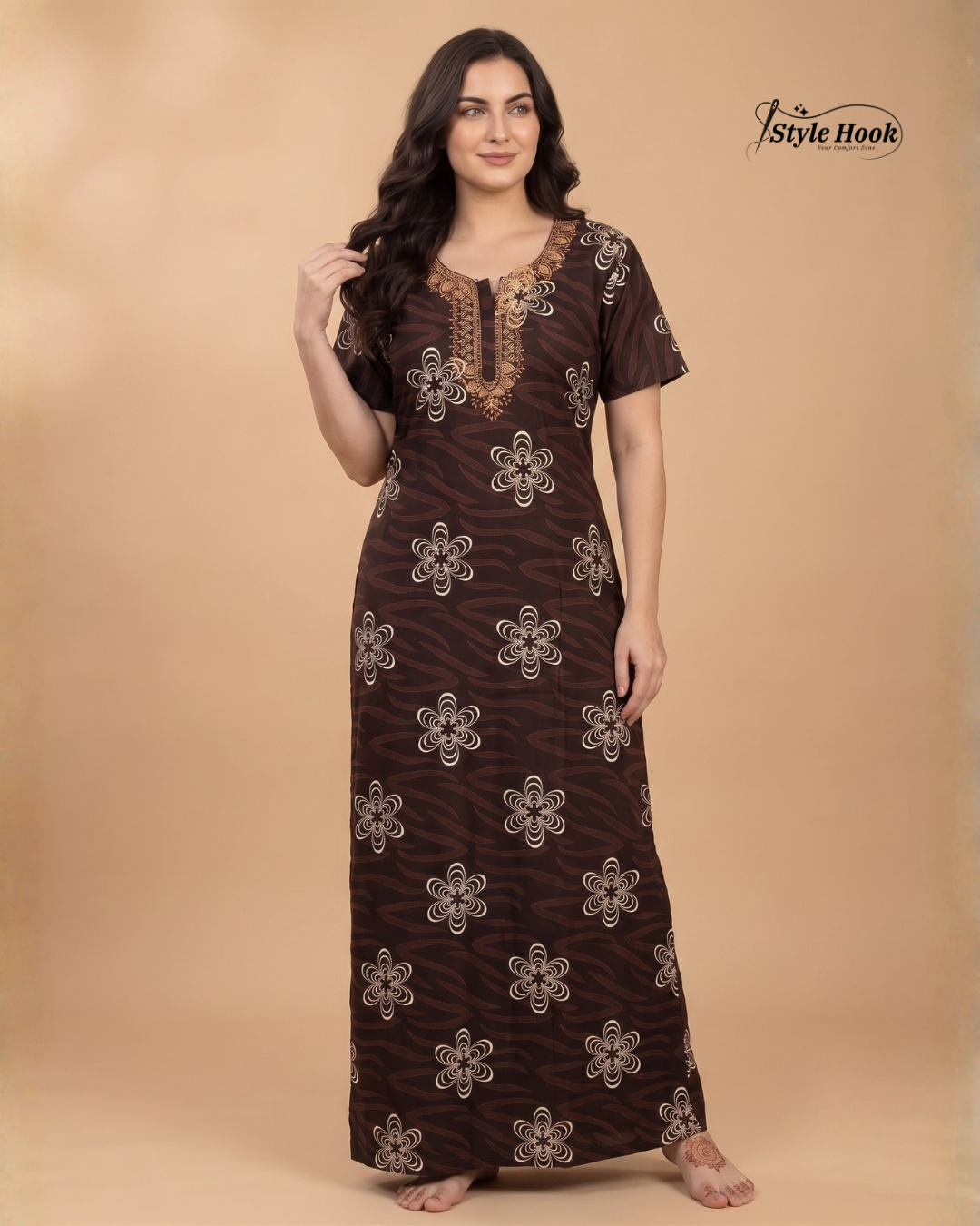 Feeding Friendly Cotton Embroidery Nighty with Zip