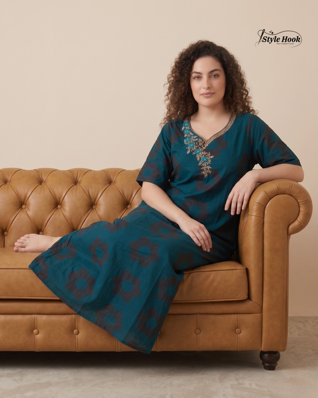 Style Hook Cotton Maxi Nighty – Comfortable Embroidery Neck Home Wear