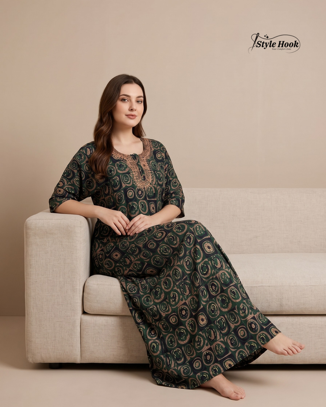 Tribal Circular Print with Embroidery cotton nighty for women in 5 Different Colors