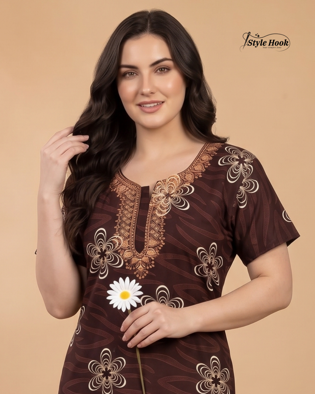 Feeding Friendly Cotton Embroidery Nighty with Zip
