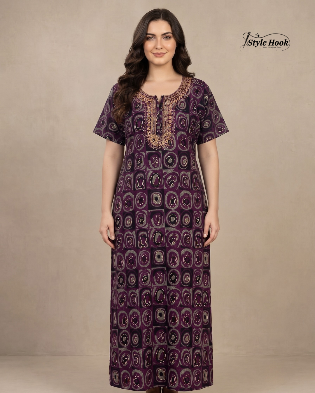 Tribal Circular Print with Embroidery cotton nighty for women in 5 Different Colors