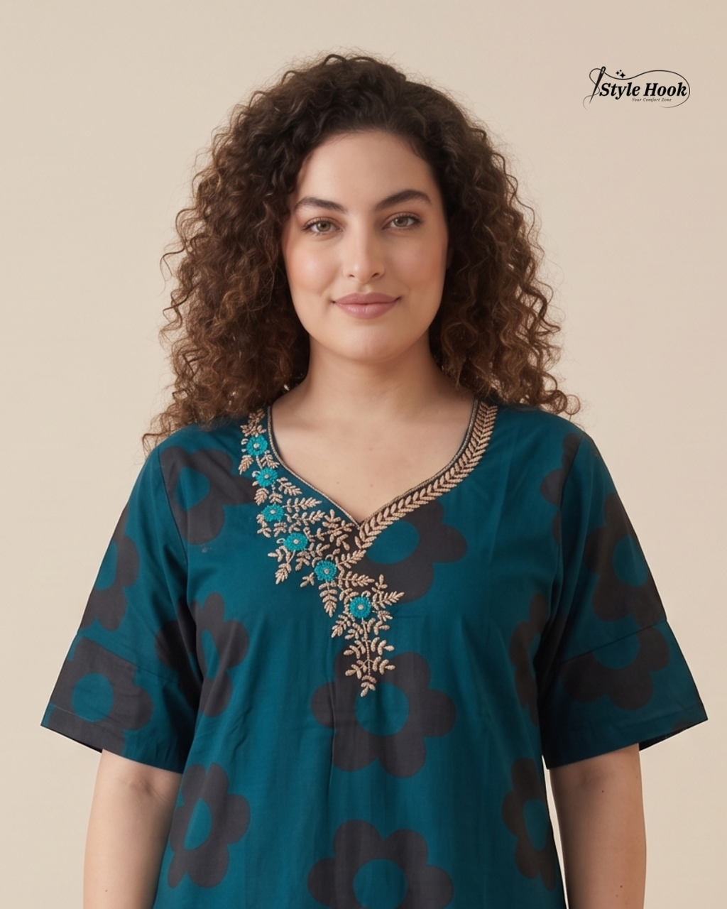 Style Hook Cotton Maxi Nighty – Comfortable Embroidery Neck Home Wear