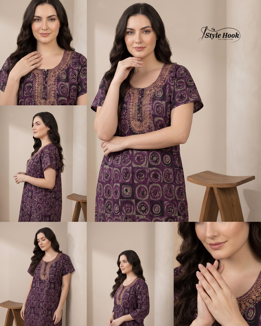 Tribal Circular Print with Embroidery cotton nighty for women in 5 Different Colors