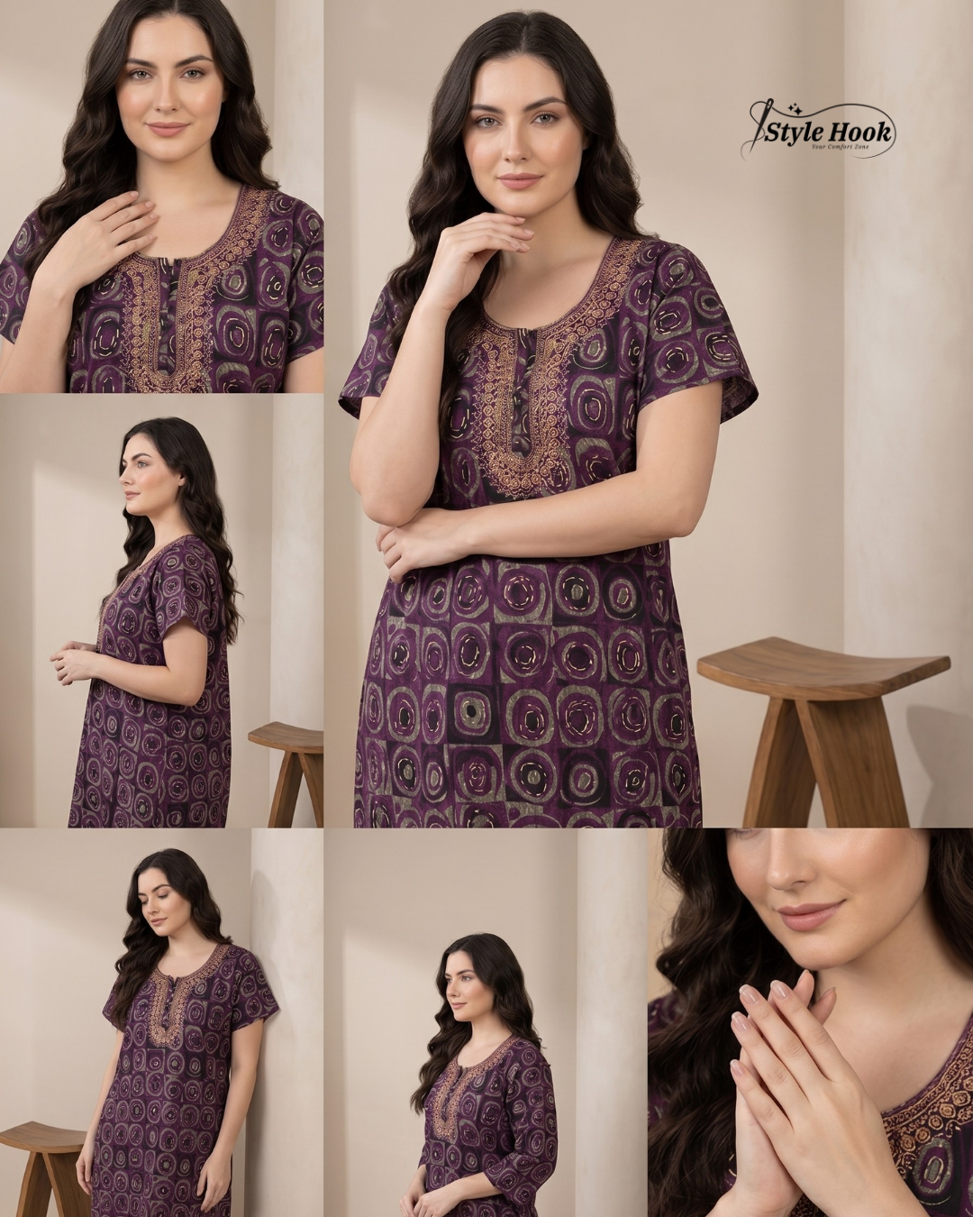 Tribal Circular Print with Embroidery cotton nighty for women in 5 Different Colors