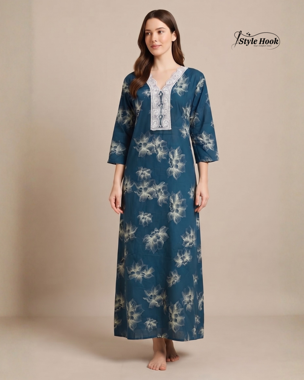 Rayon Lace Neck Nighty – Elegant Women's Maxi