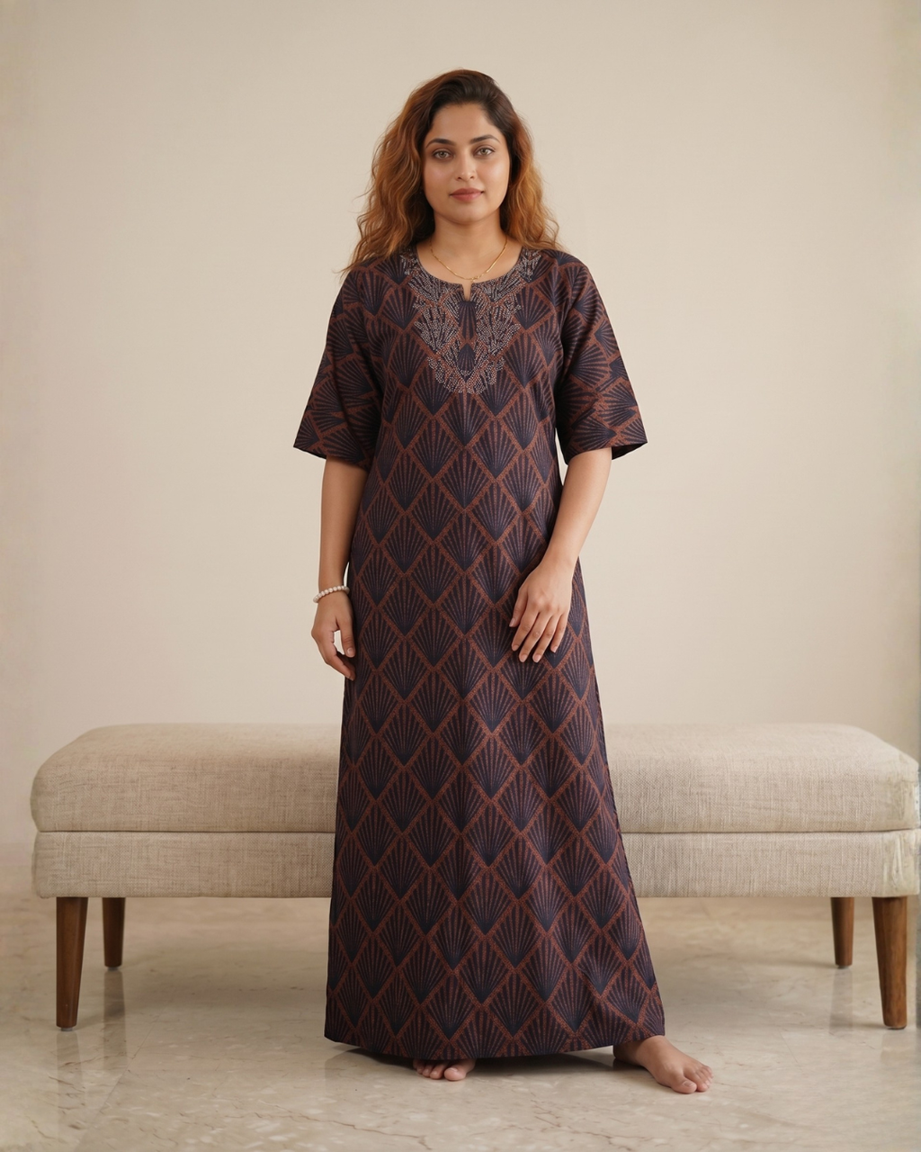 Style Hook Stone Work Neck Soft Cotton Nighty for Women