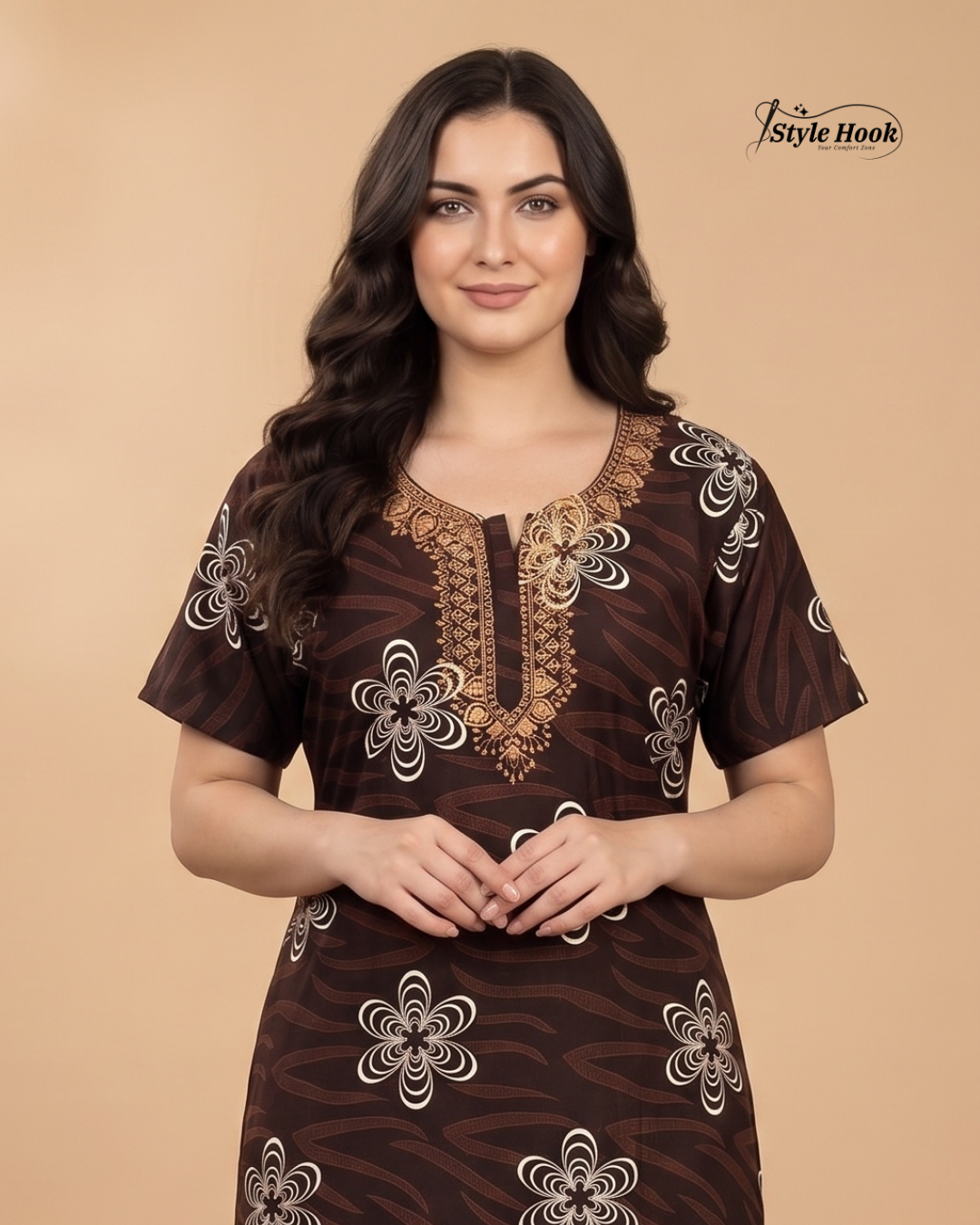 Feeding Friendly Cotton Embroidery Nighty with Zip