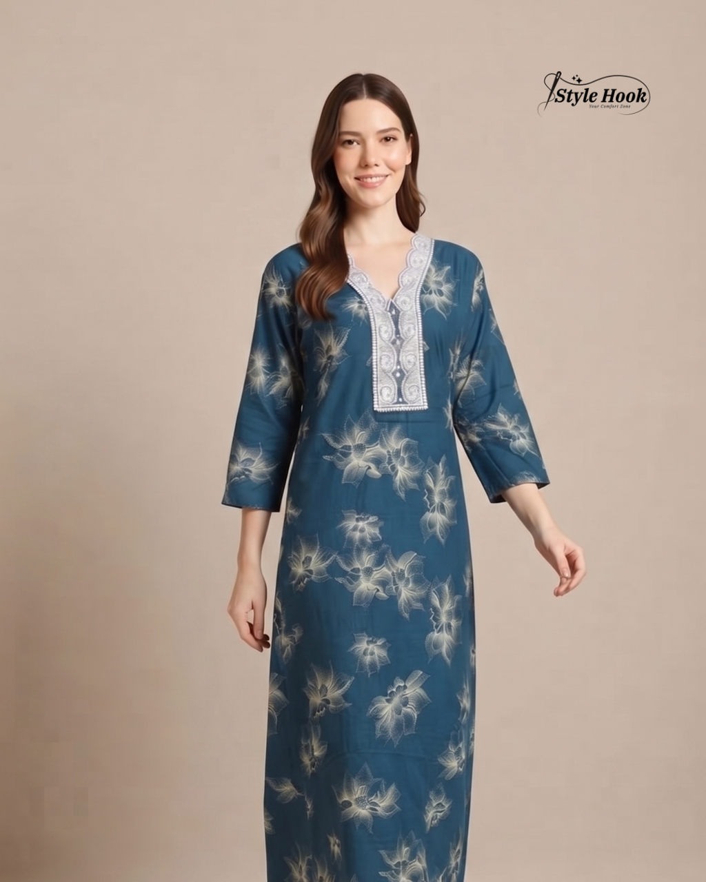 Rayon Lace Neck Nighty – Elegant Women's Maxi