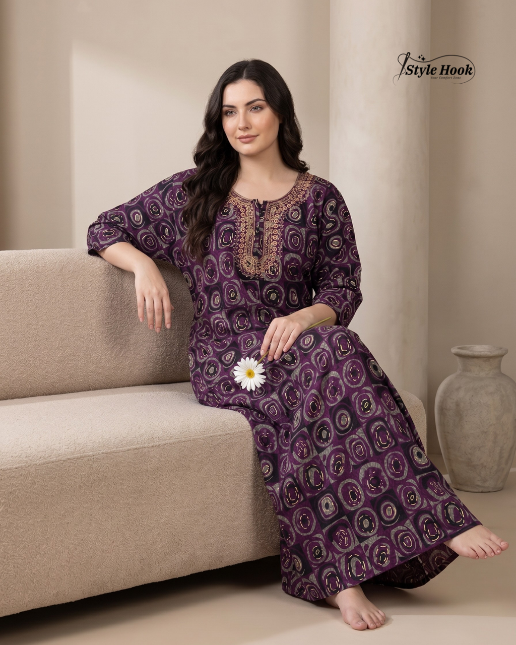 Tribal Circular Print with Embroidery cotton nighty for women in 5 Different Colors