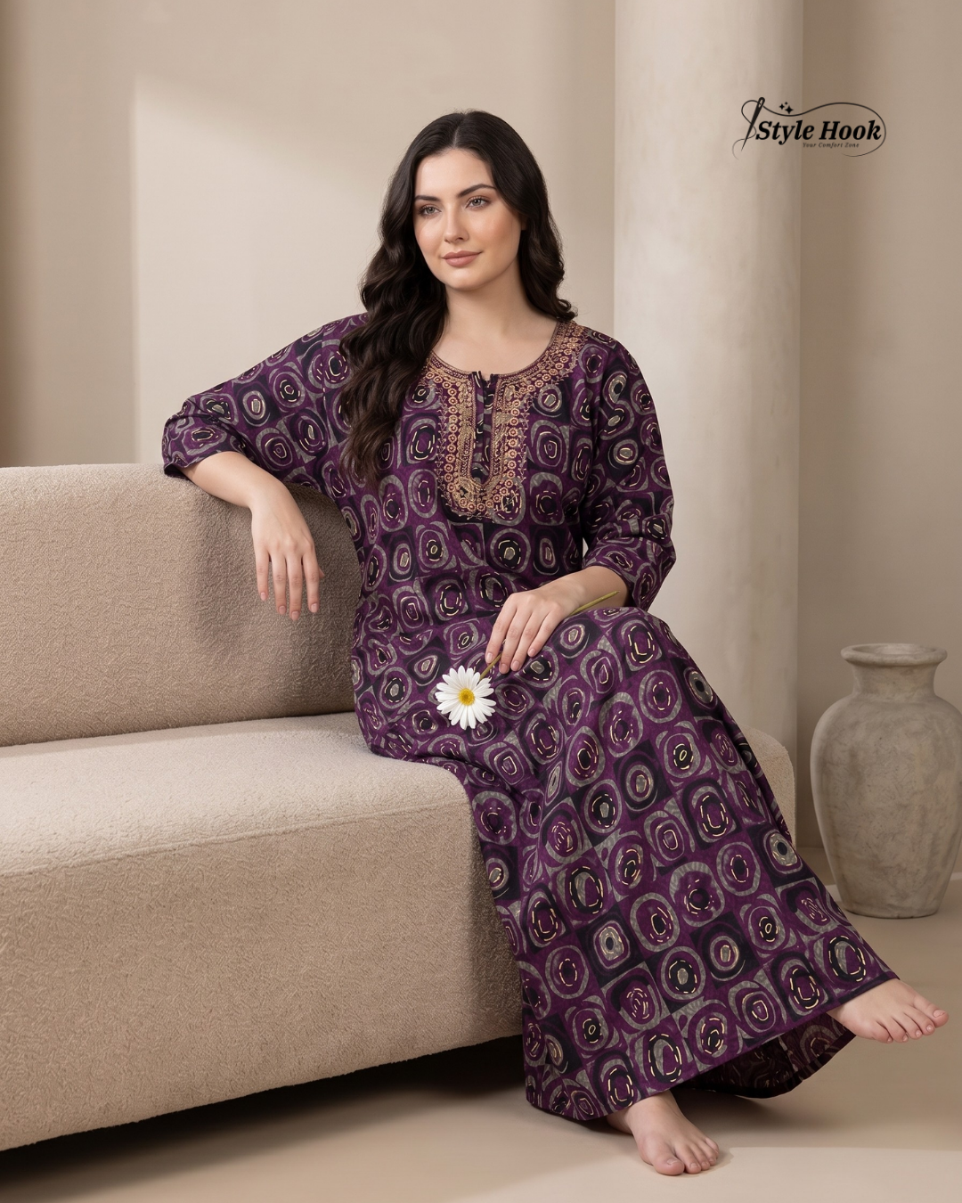 Tribal Circular Print with Embroidery cotton nighty for women in 5 Different Colors