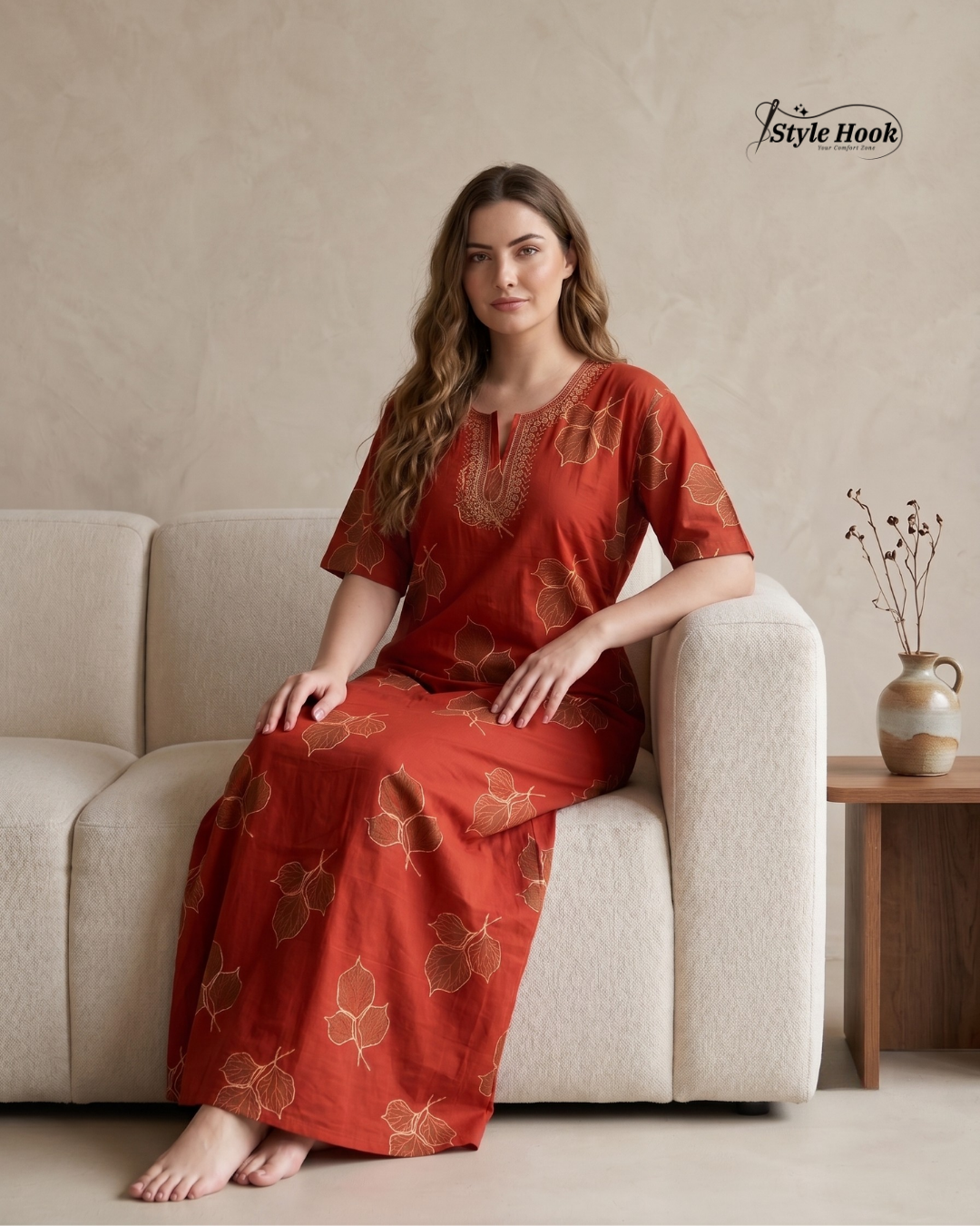 Premium Golden Leaf Embroidered Cotton Nighty in Stunning Orange Color