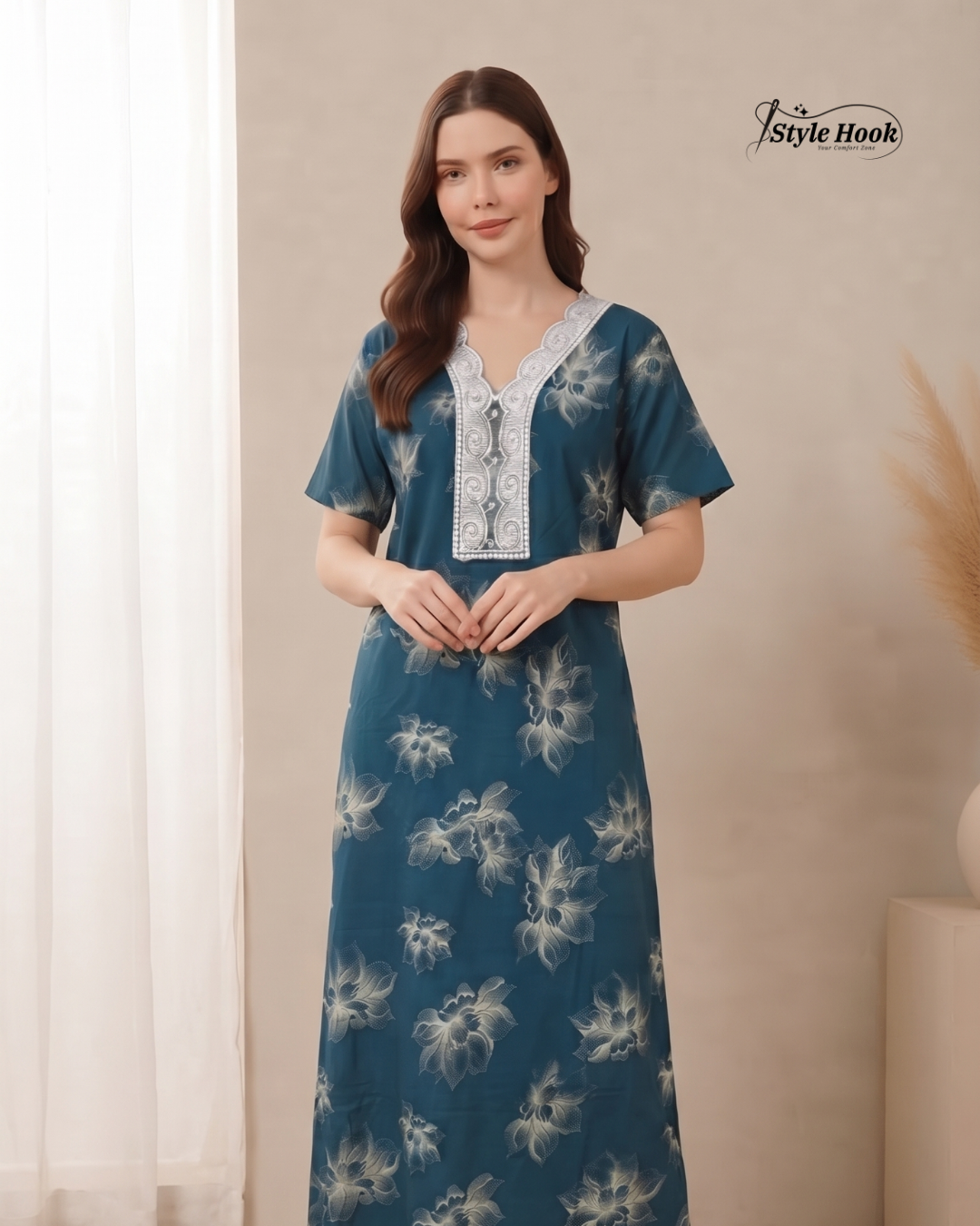 Rayon Lace Neck Nighty – Elegant Women's Maxi