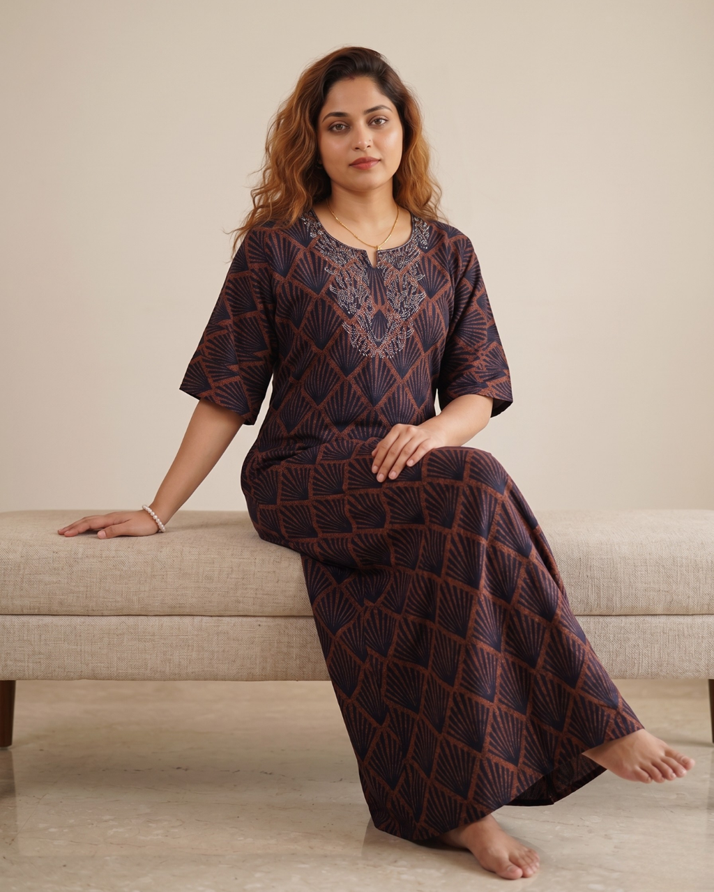 Style Hook Stone Work Neck Soft Cotton Nighty for Women