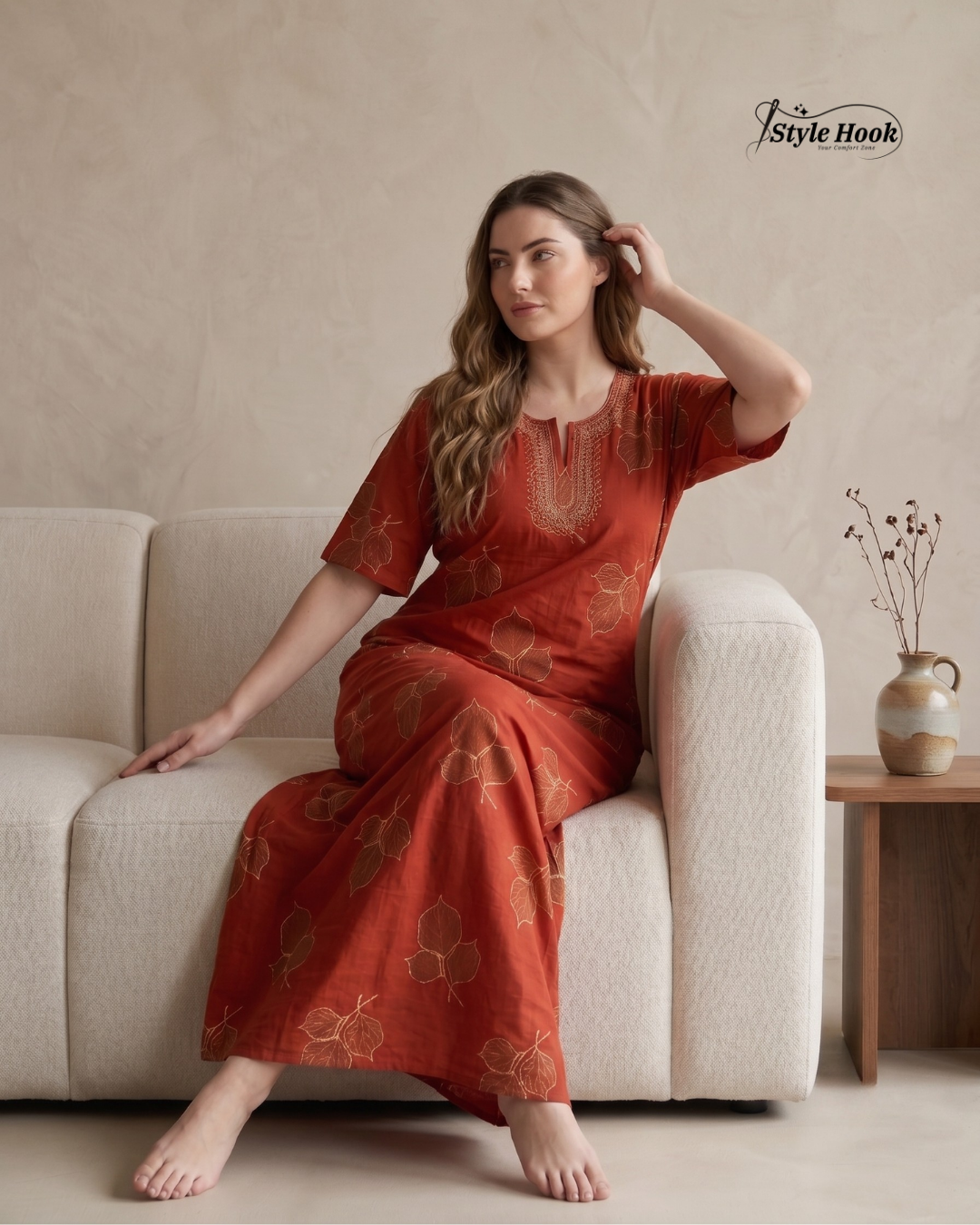 Premium Golden Leaf Embroidered Cotton Nighty in Stunning Orange Color