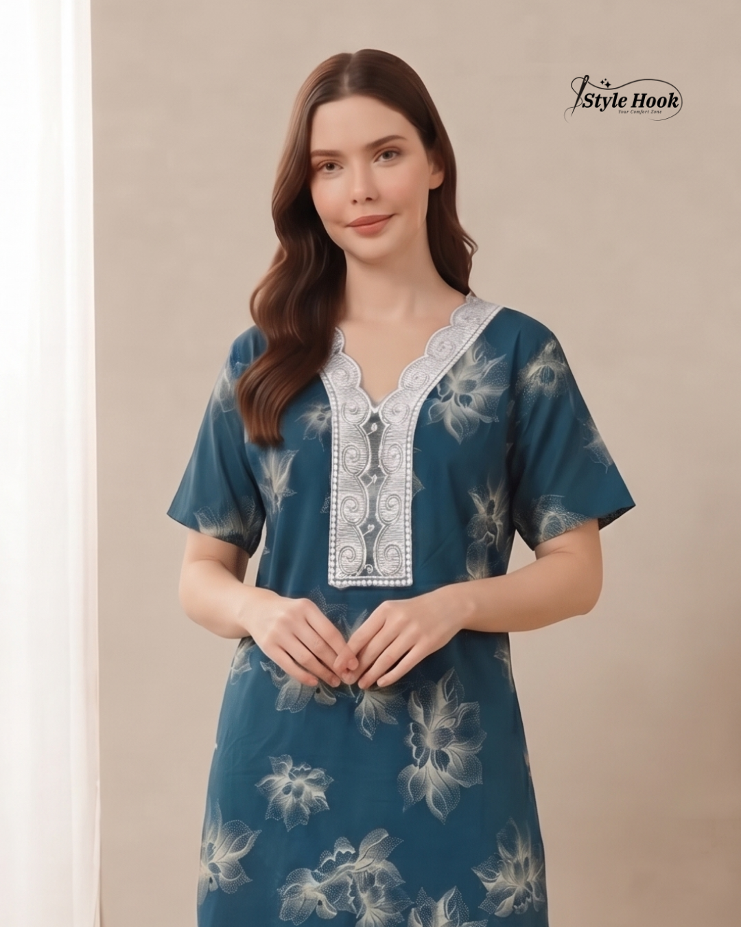 Rayon Lace Neck Nighty – Elegant Women's Maxi